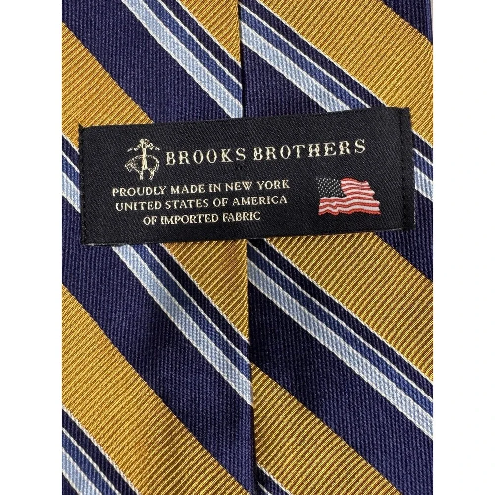 NWOT Brooks Brothers Silk Tie USA Made Gold/Blue/Silver Stripes 58